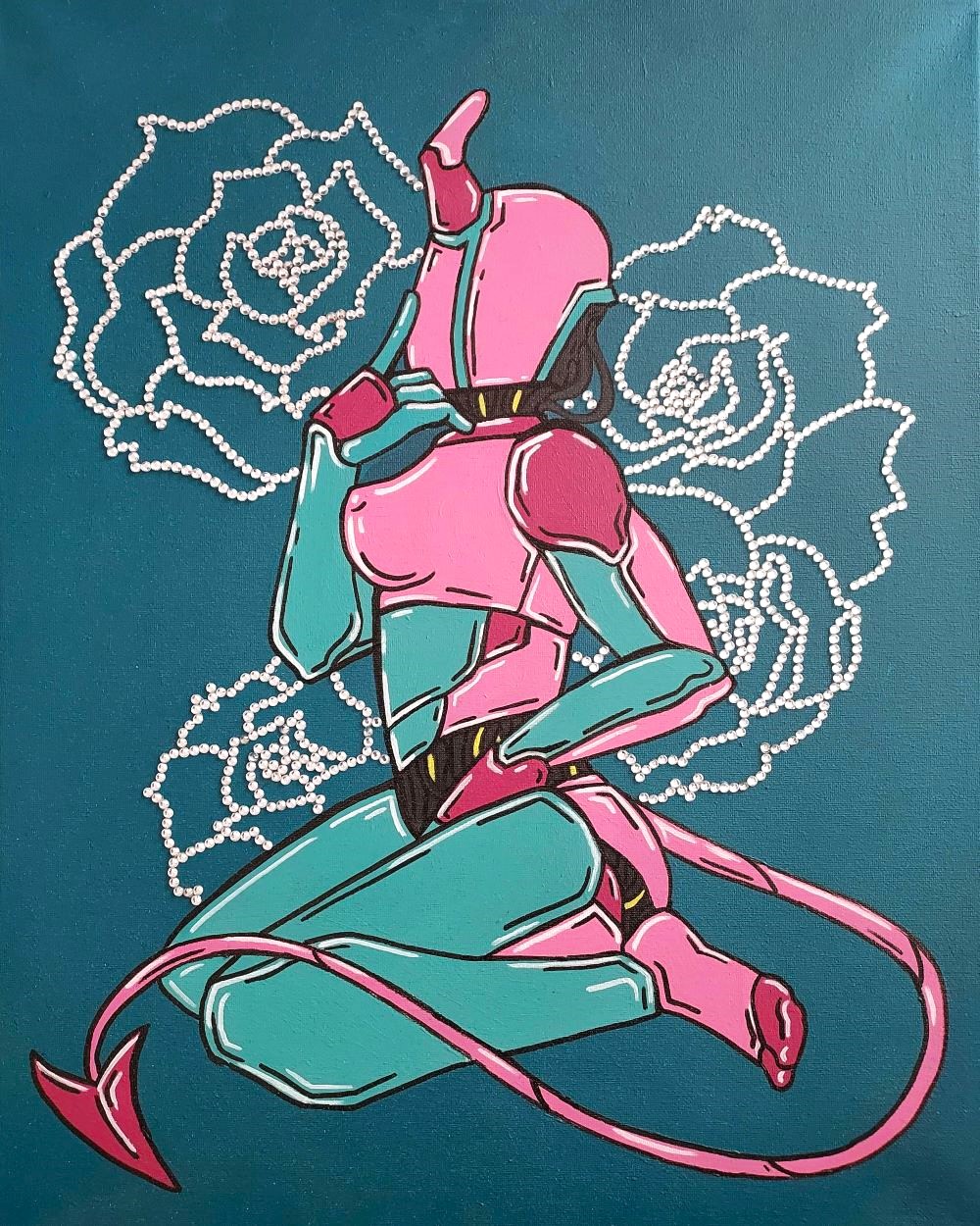 a pinup style painting of a feminine robotic figure. the color scheme is of cool pastels on a deep turquoise background. the background has a floral rose design that is outlined in rhinestones.